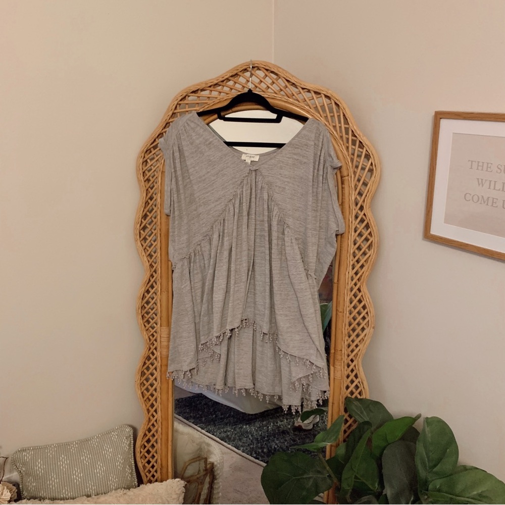 Umgee Light Gray Tiered Fringe Knit Top